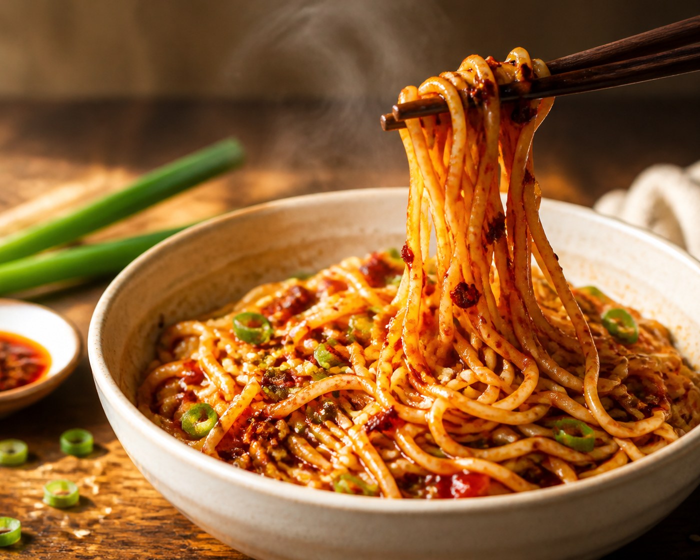 Glossy spicy chili oil noodles lifted from a bowl